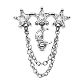 14G Star & Moon Clear CZ Reverse Dangle Belly Ring