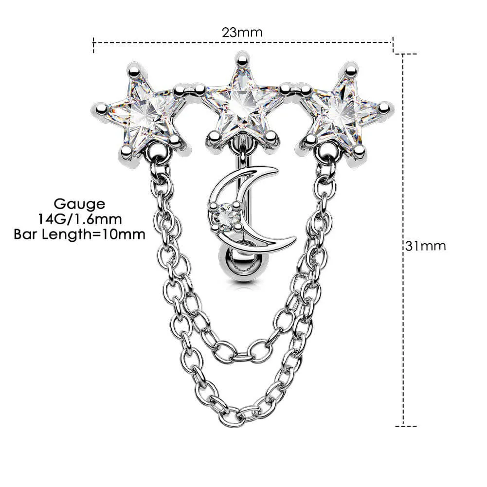 14G Star & Moon Clear CZ Reverse Dangle Belly Ring