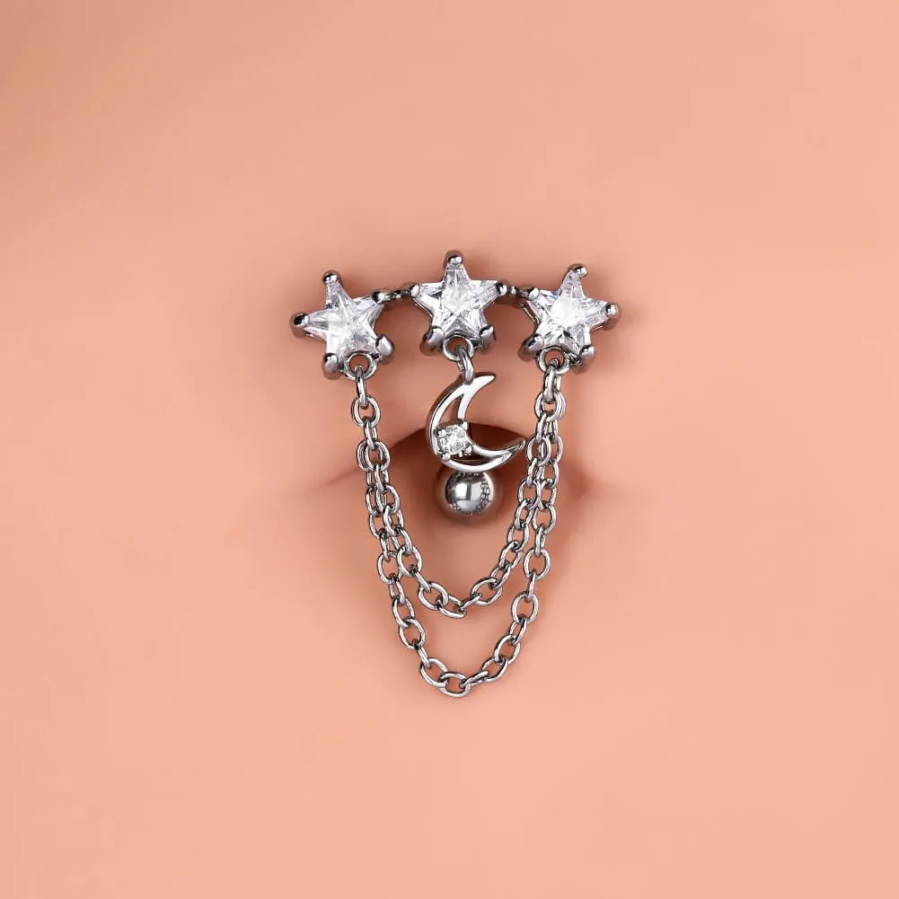 14G Star & Moon Clear CZ Reverse Dangle Belly Ring