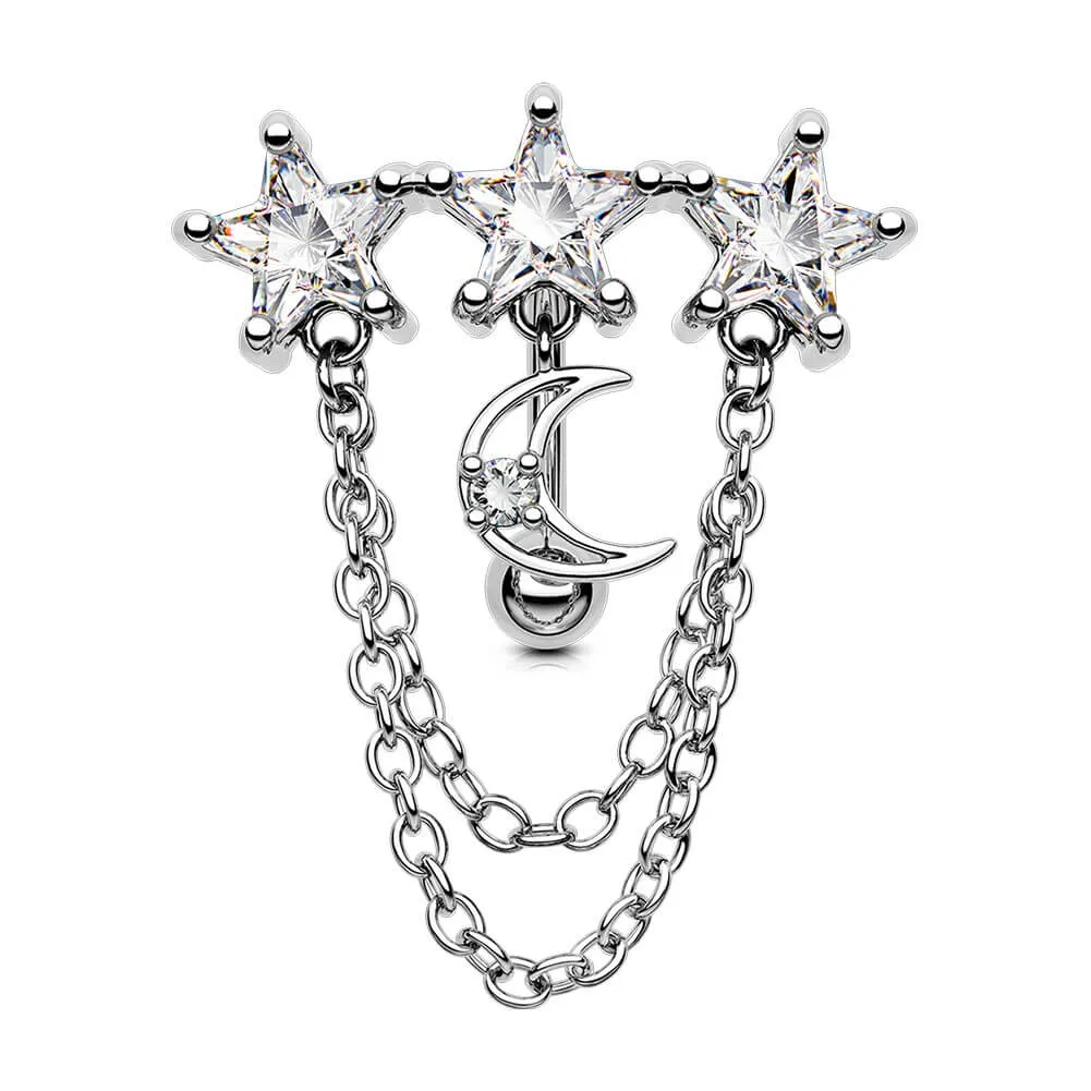 14G Star & Moon Clear CZ Reverse Dangle Belly Ring