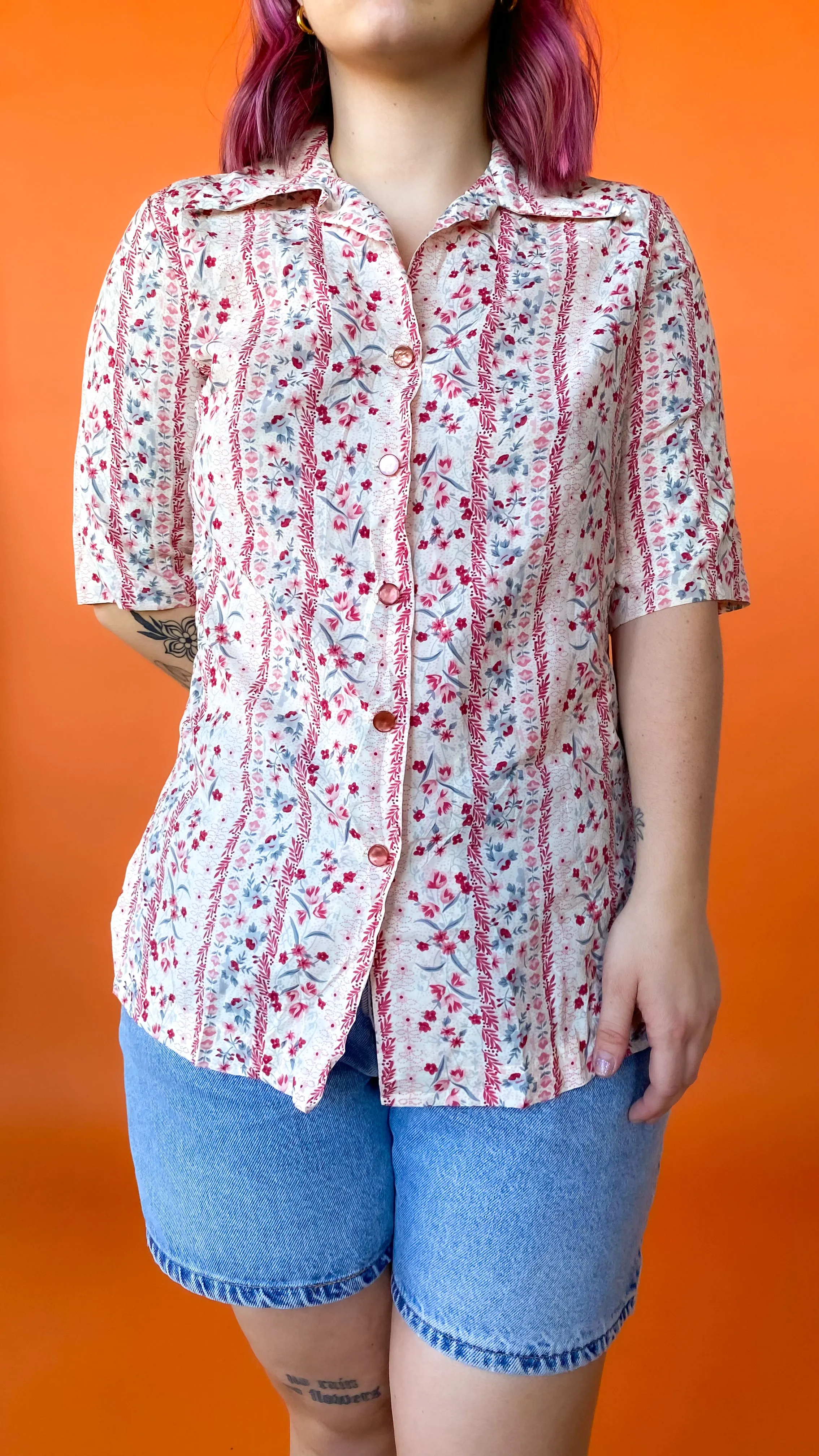 1970s White Floral Print Short Sleeve Button Down, sz. M