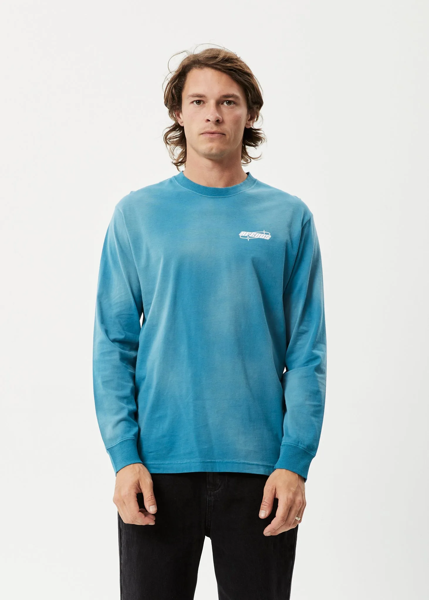 AFENDS Mens Eternal - Long Sleeve Graphic Logo T-Shirt - Worn Azure