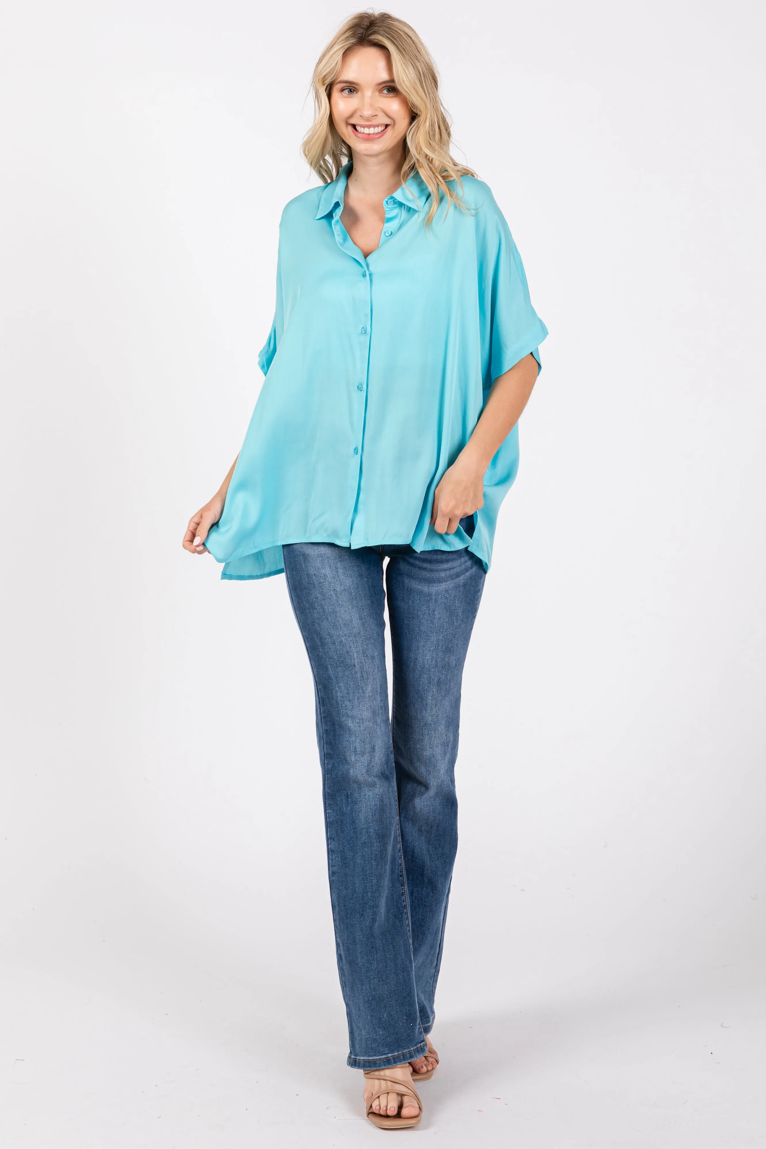 Aqua Dolman Sleeve Button Down Blouse