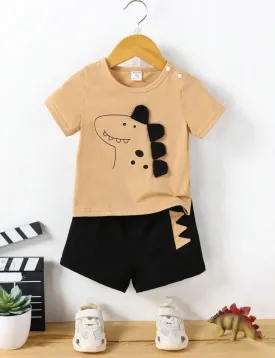 BABY CARTOON GRAPHIC 3D PATCHED DESIGN TEE & SHORTS