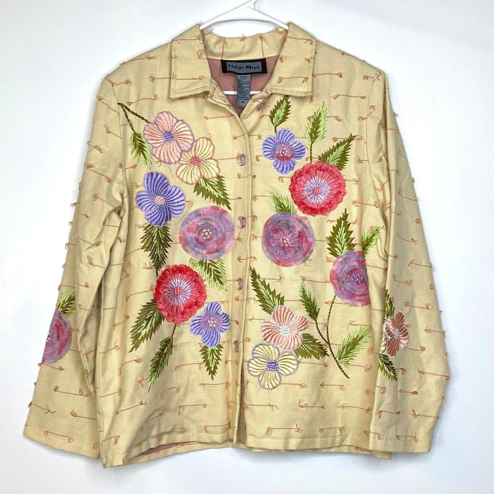 Beautiful Indigo Moon Womens Embroidered & Embellished Button-Up Jacket Size Medium Floral Yellow