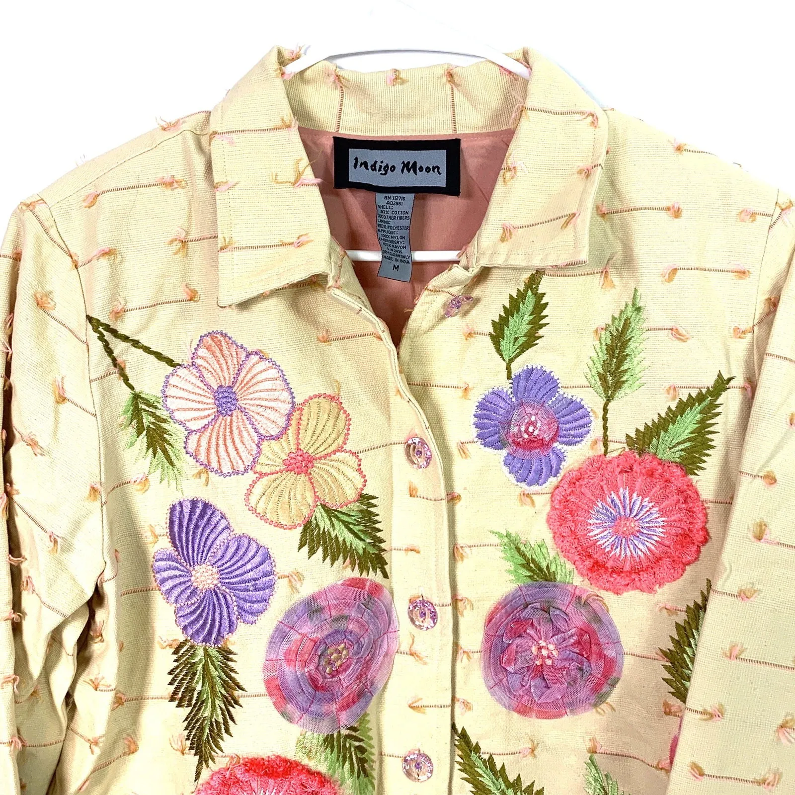 Beautiful Indigo Moon Womens Embroidered & Embellished Button-Up Jacket Size Medium Floral Yellow