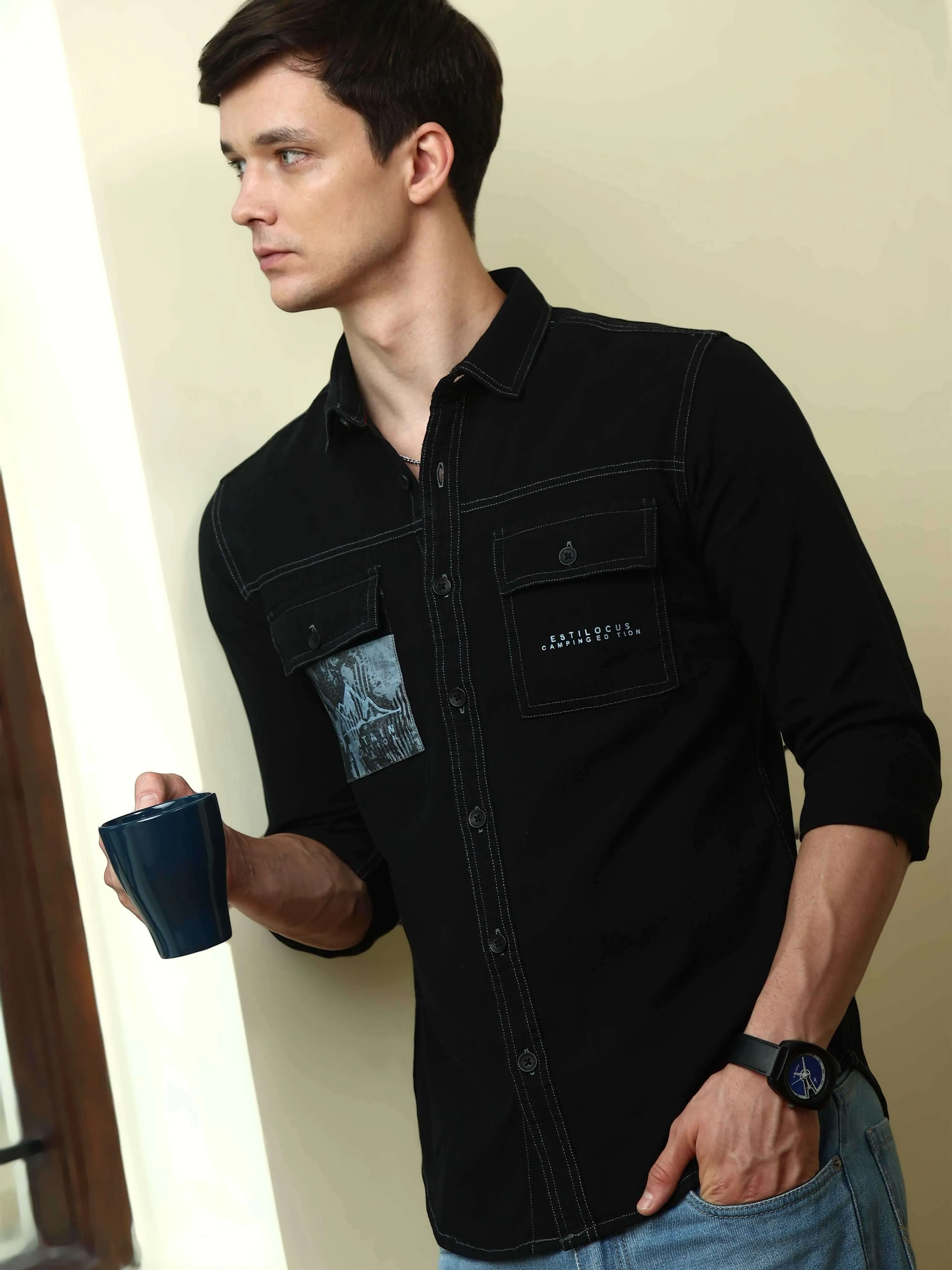 Black Denim Double Pocket Full Sleeve Shirt