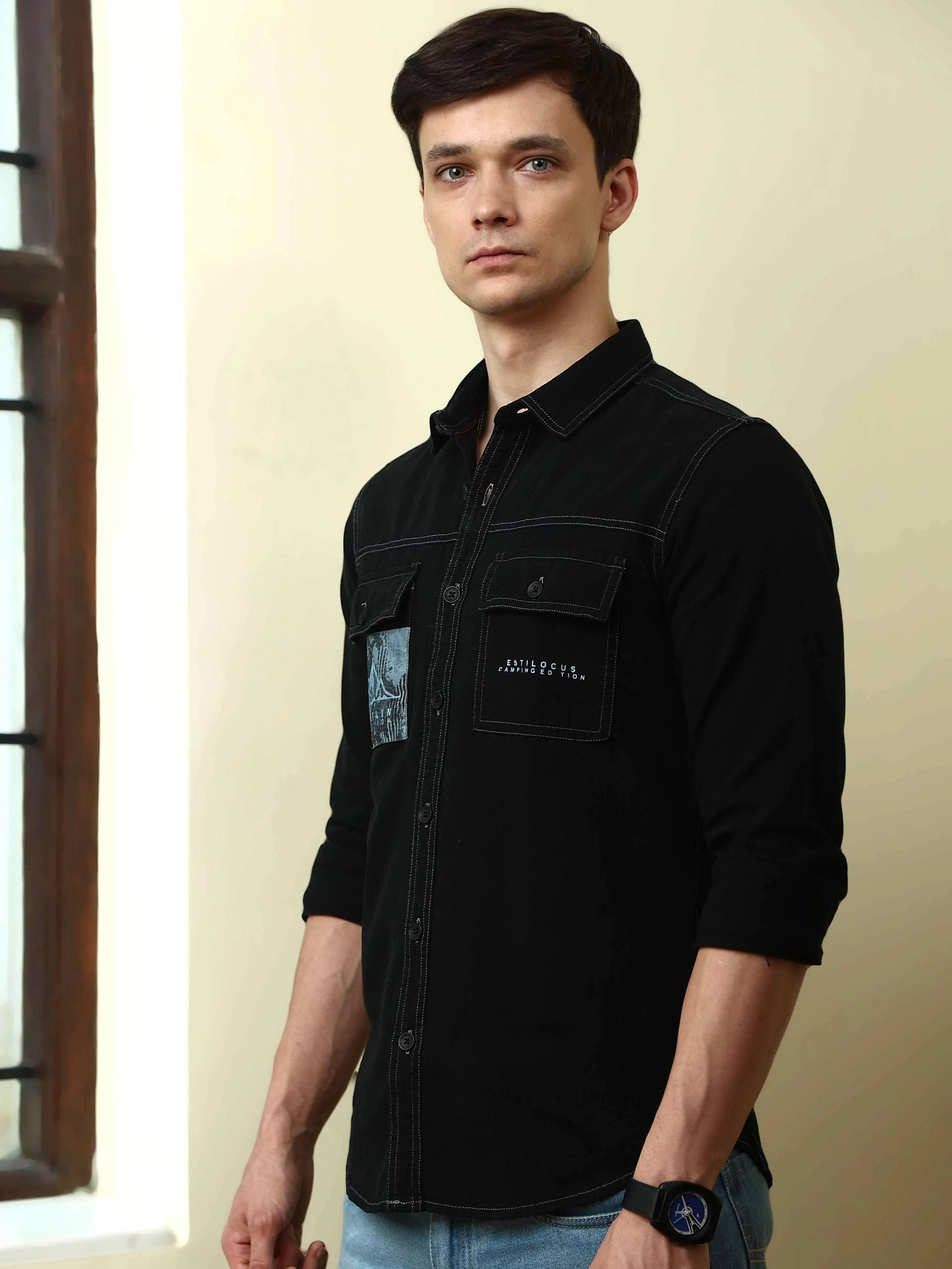 Black Denim Double Pocket Full Sleeve Shirt