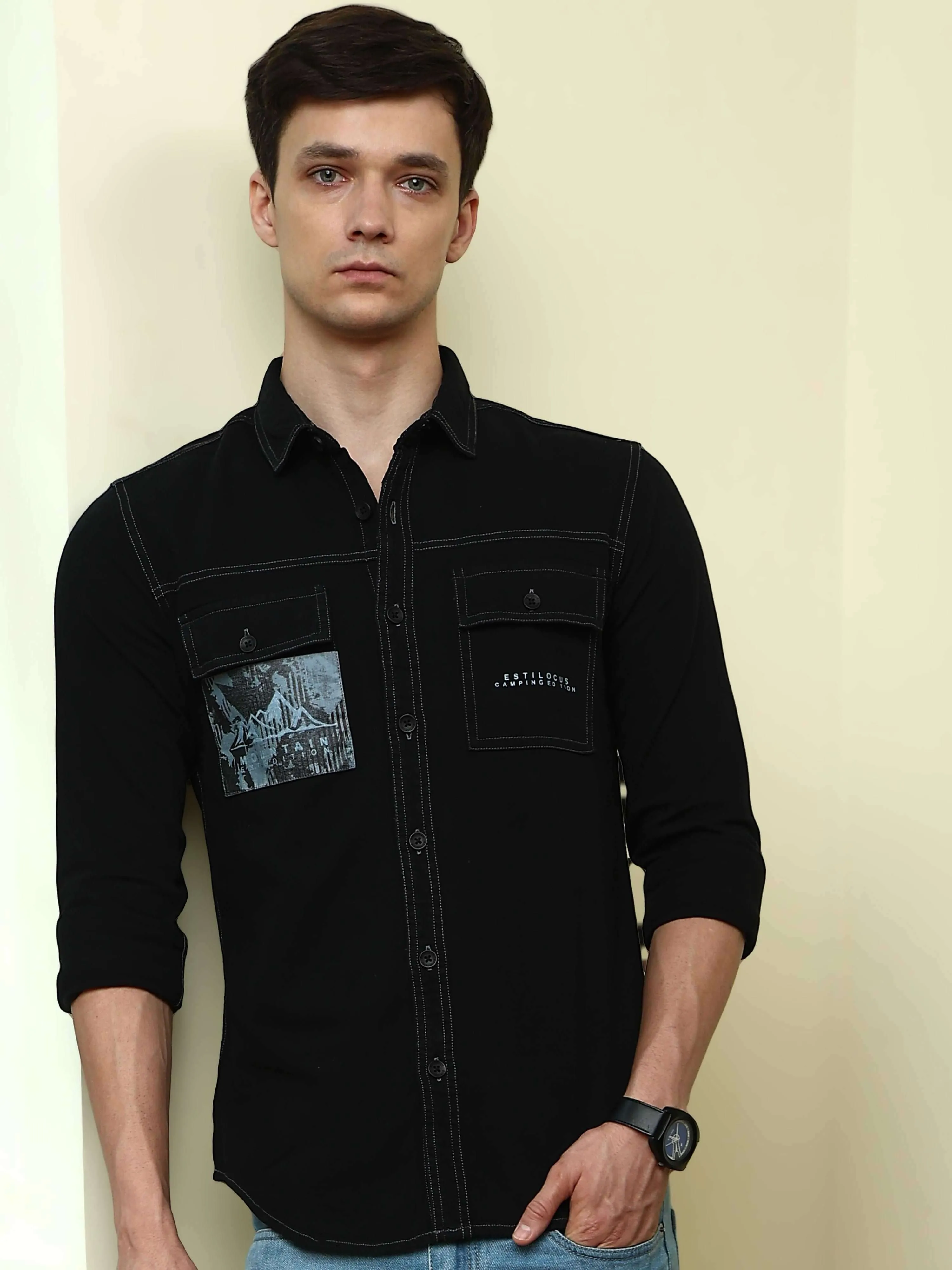 Black Denim Double Pocket Full Sleeve Shirt