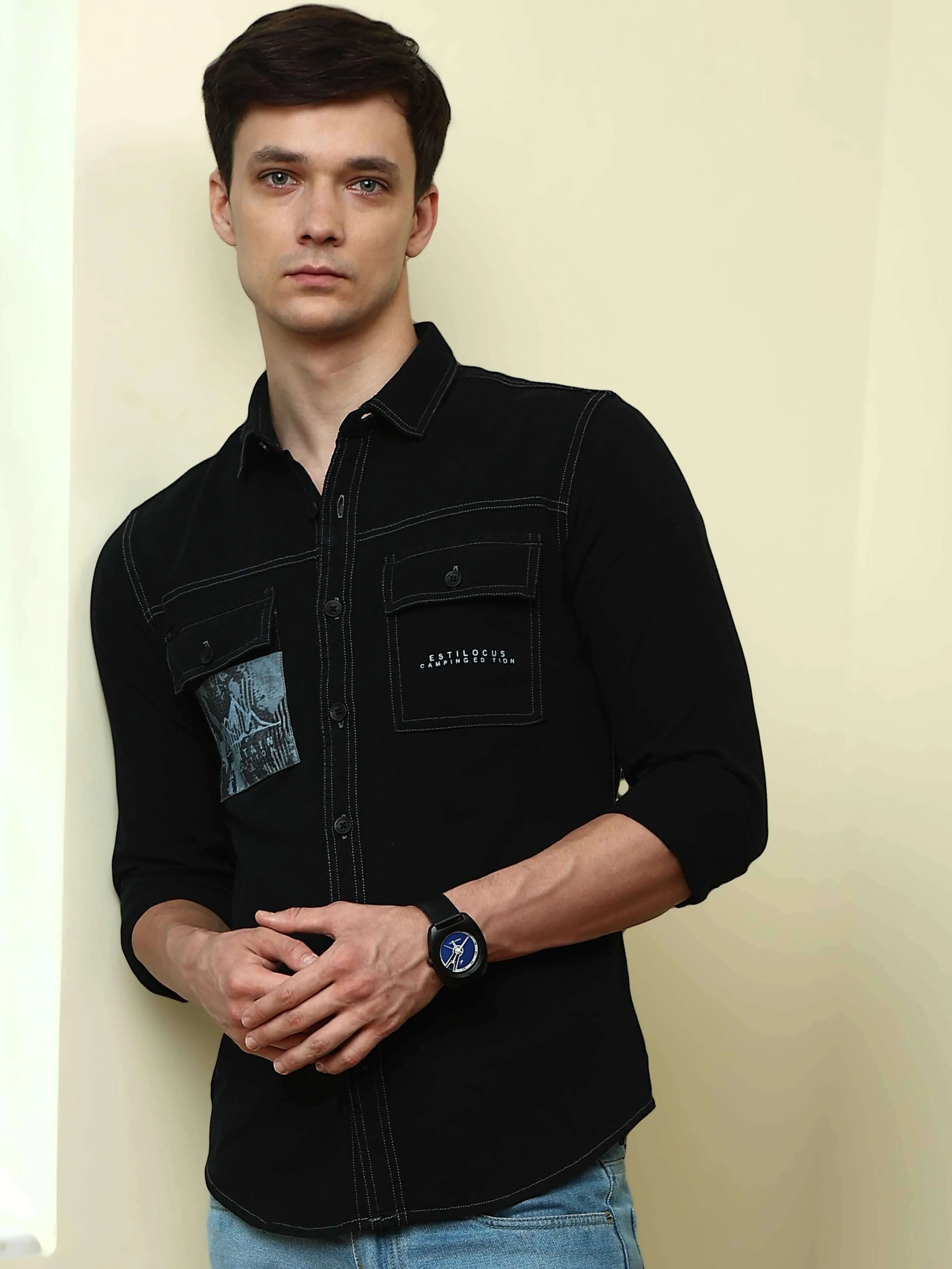 Black Denim Double Pocket Full Sleeve Shirt