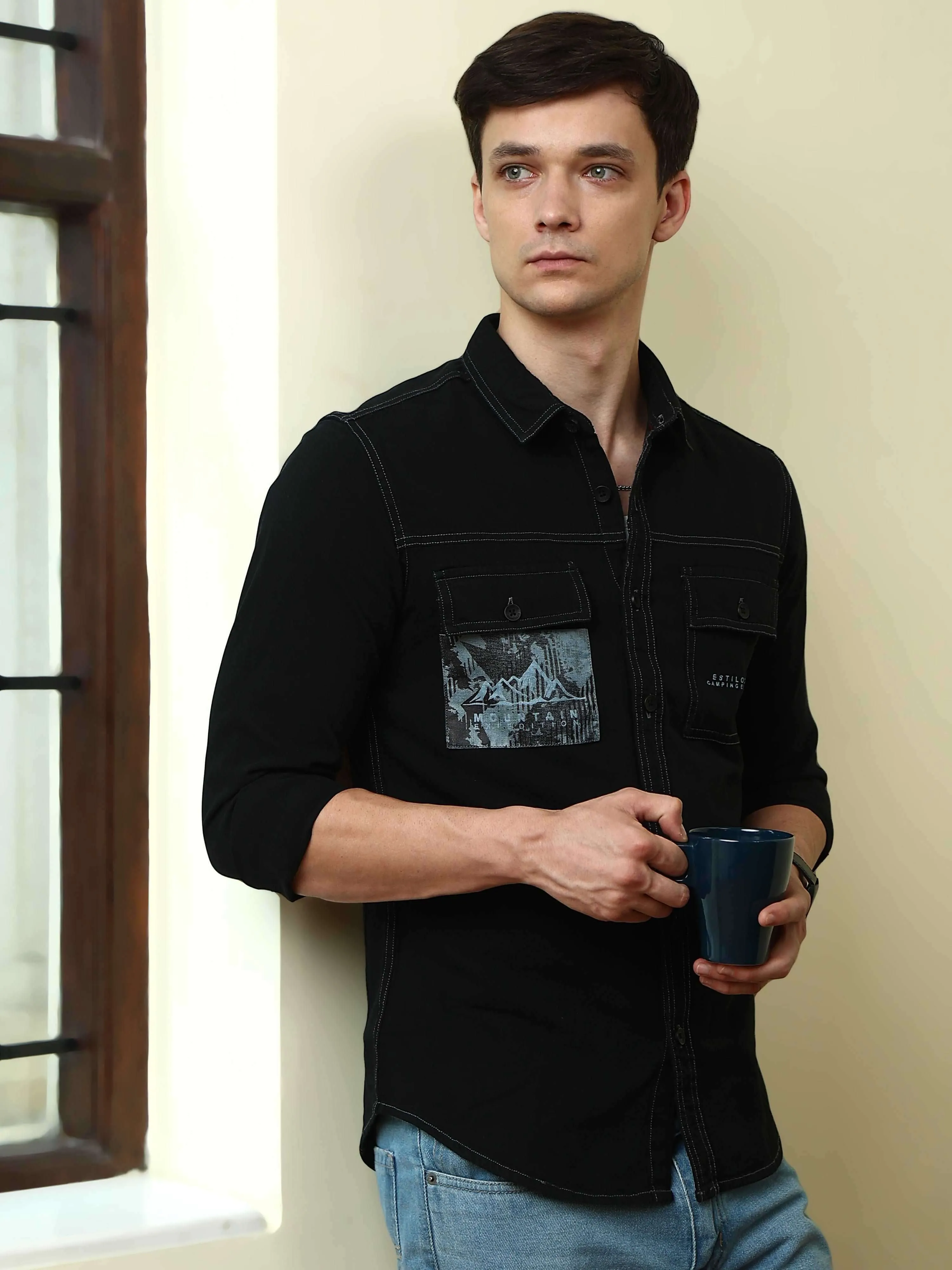 Black Denim Double Pocket Full Sleeve Shirt