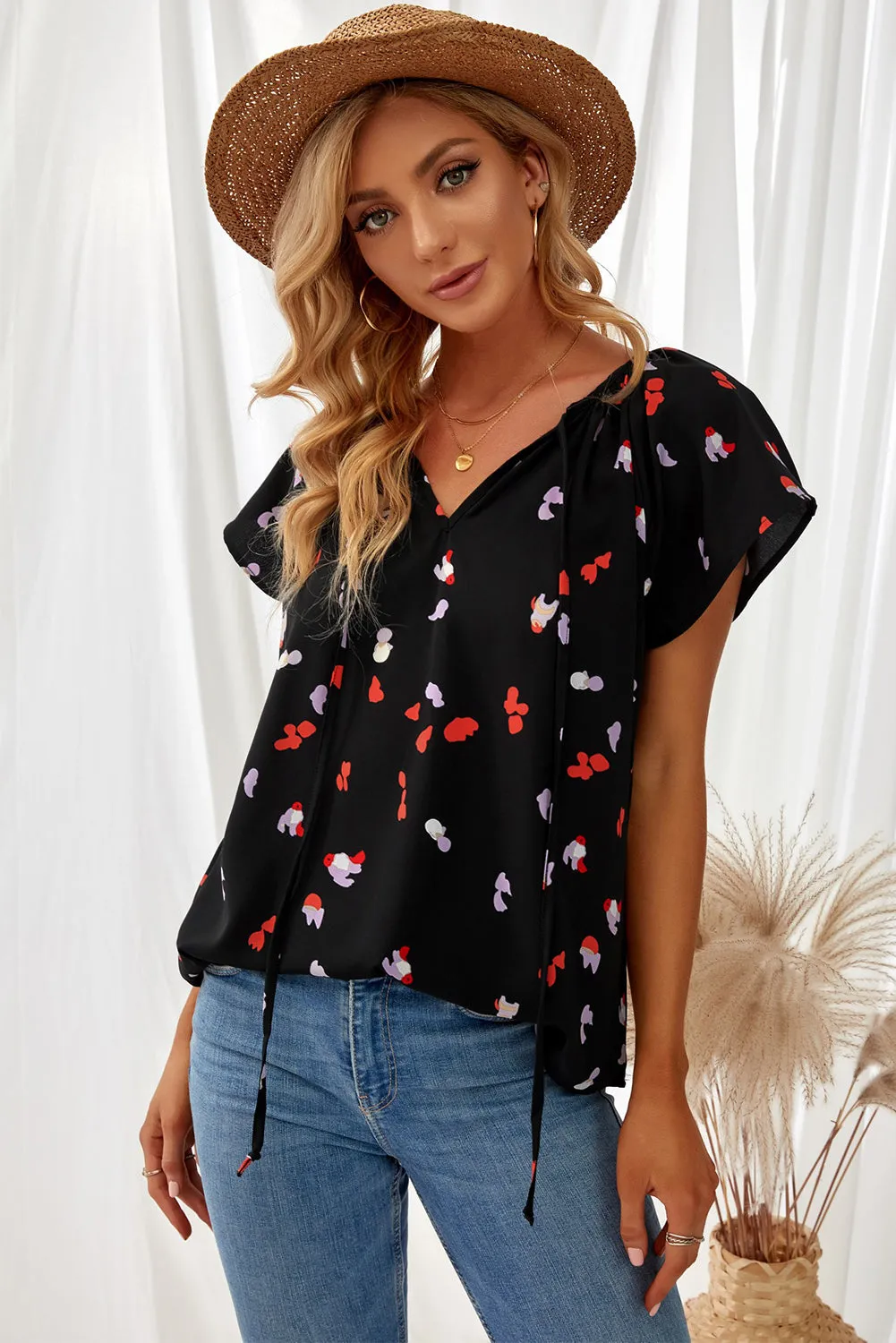 Black Fashion Print V Neck Tees Top