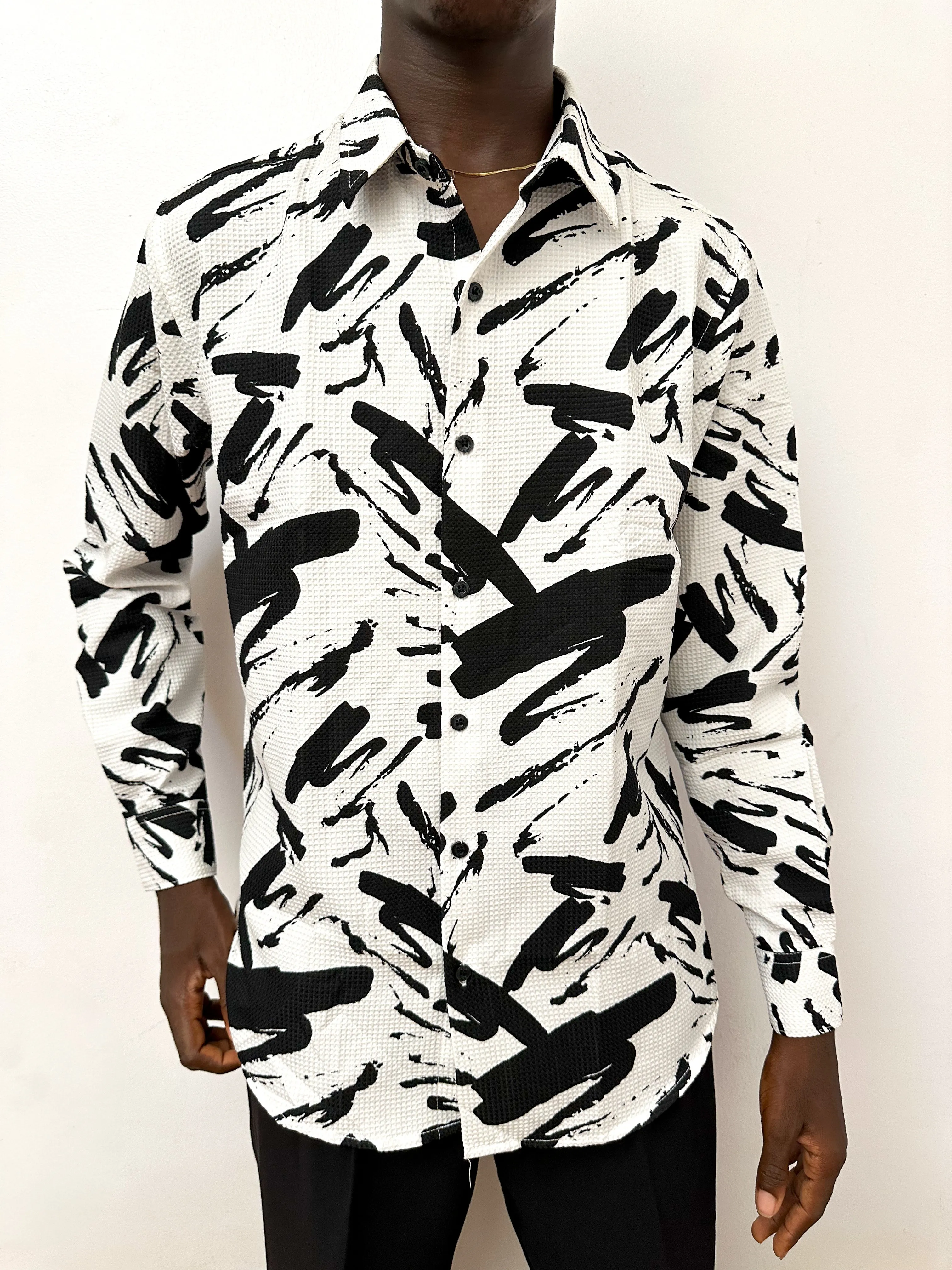 Casen Splash Waffle Print Longsleeve Shirt - White