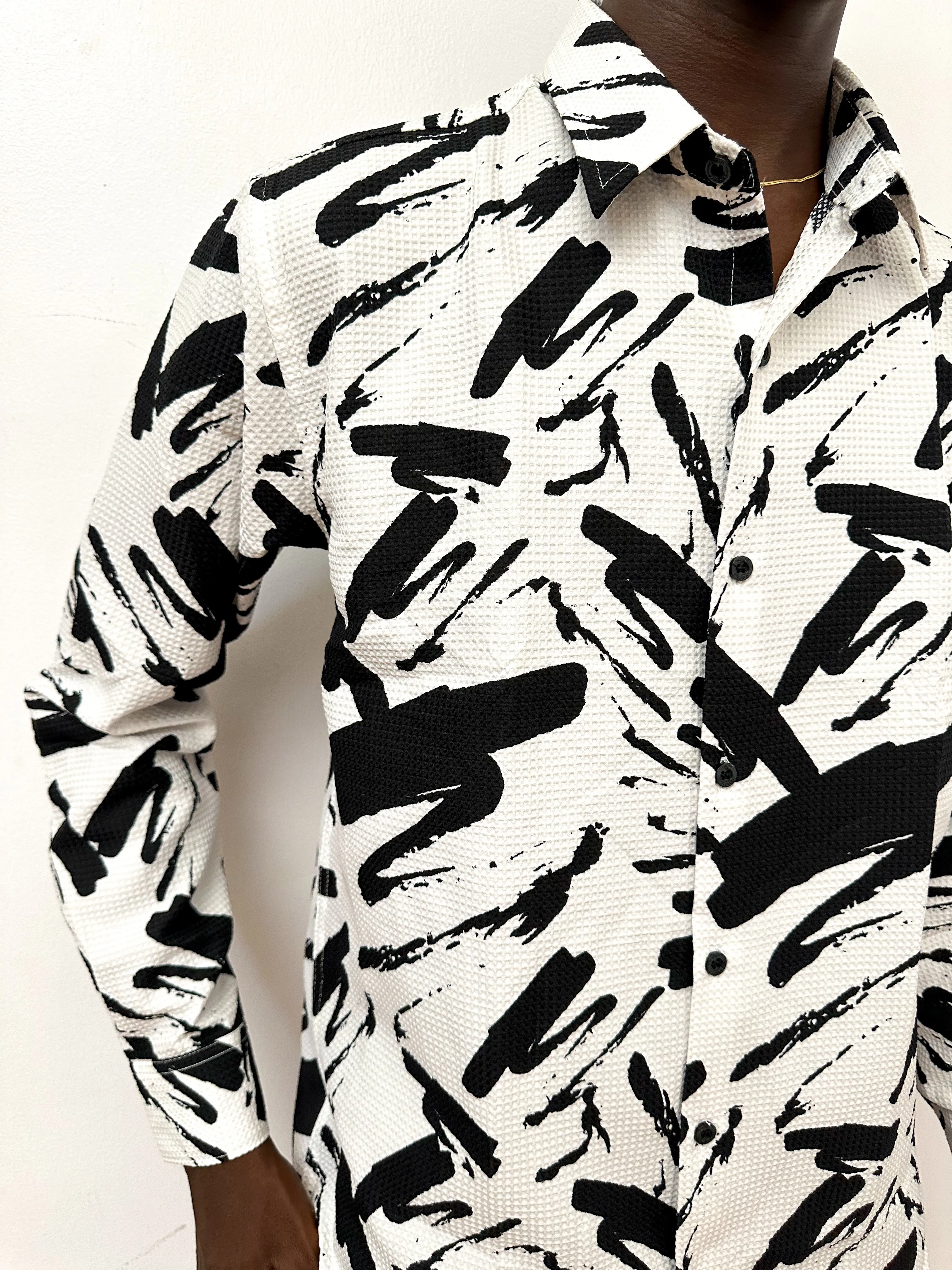 Casen Splash Waffle Print Longsleeve Shirt - White