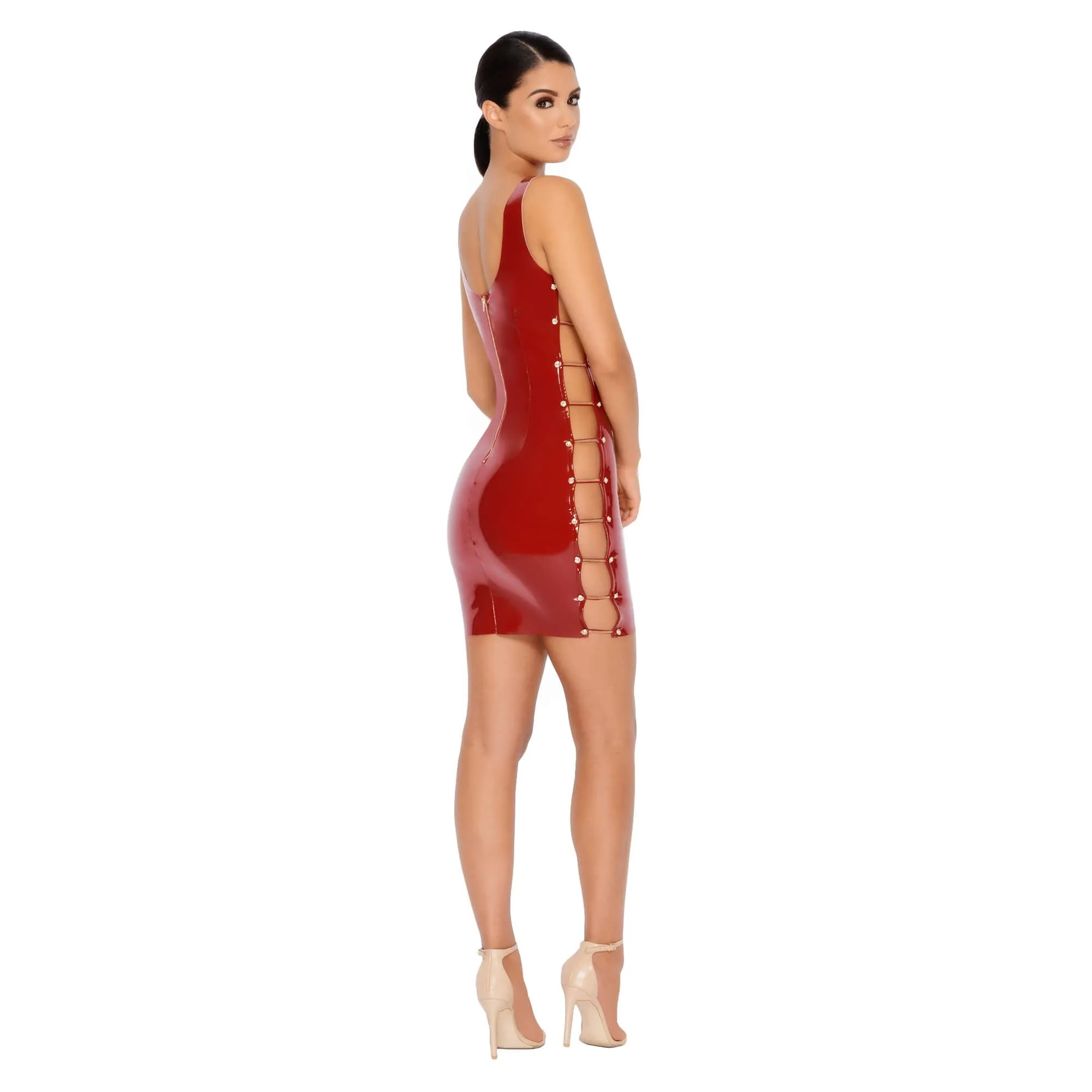 Chain Me Down Cut Out Vinyl Mini Dress in Red