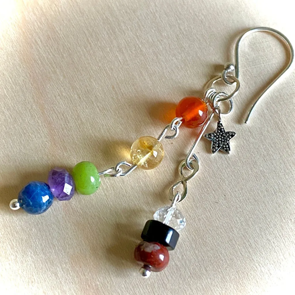 Dangly 7 Chakra Earrings With Sterling Silver Infinity & Star Charms