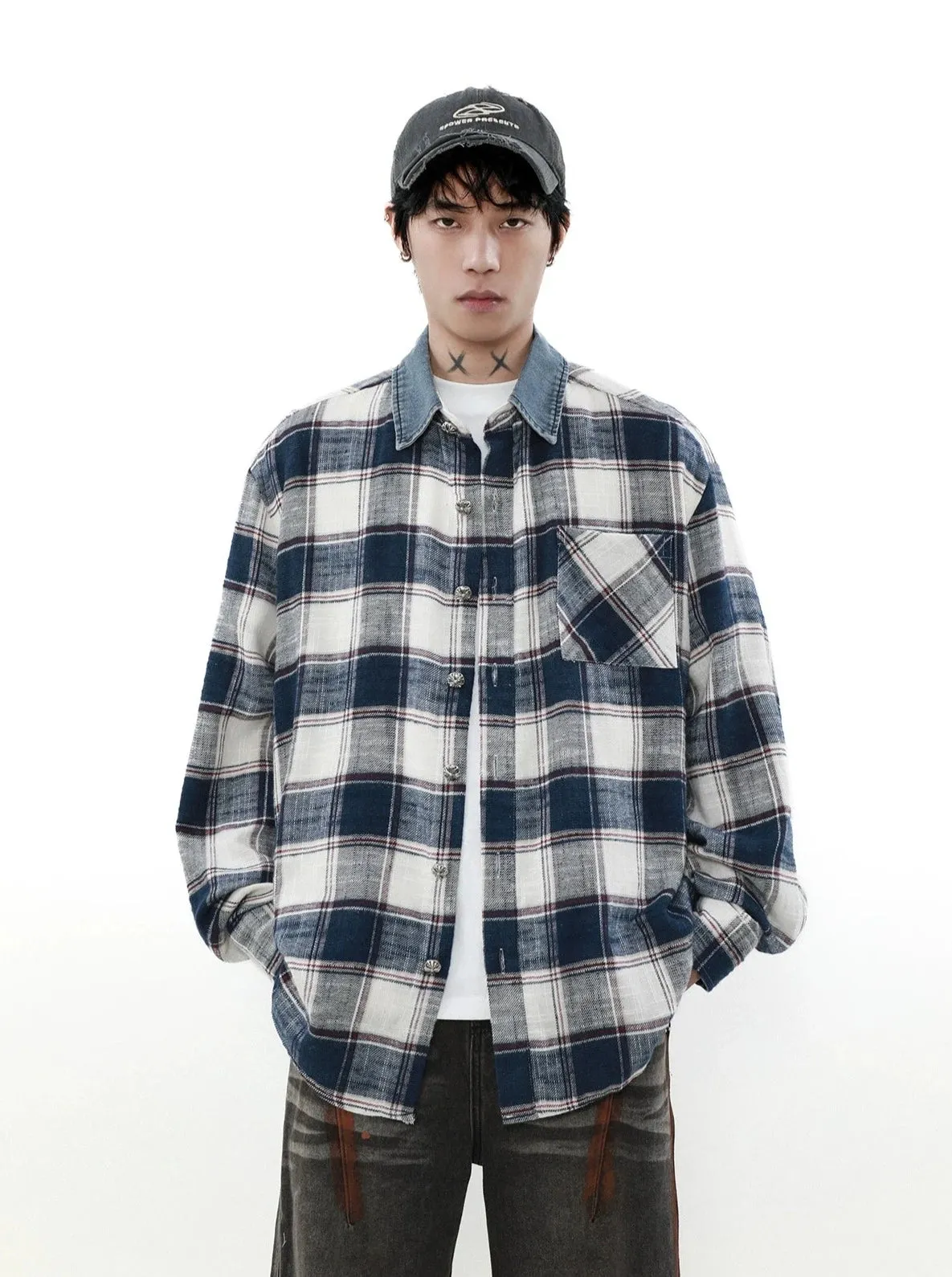 Denim Collar Plaid Shirt