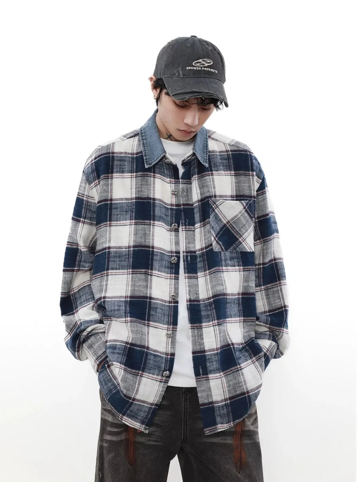 Denim Collar Plaid Shirt