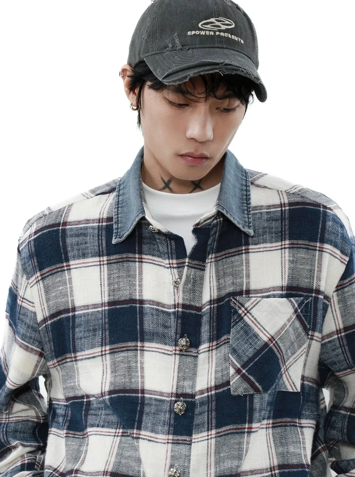 Denim Collar Plaid Shirt