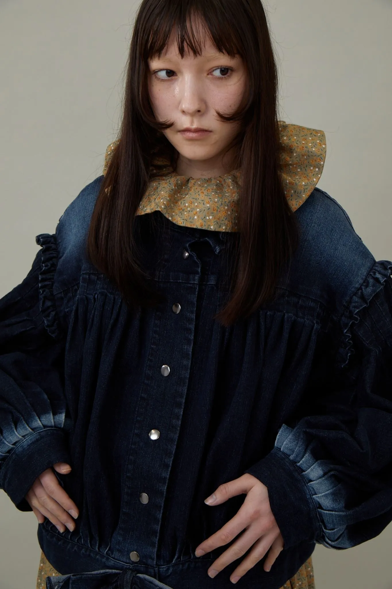 Denim Ruffled Blouson / Black