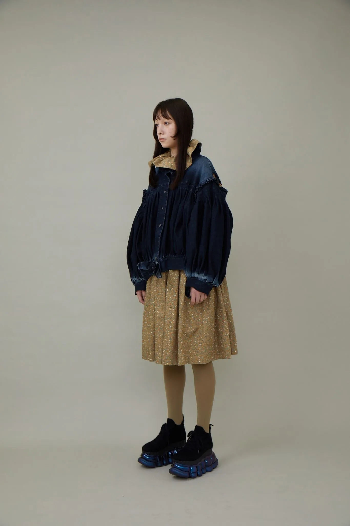 Denim Ruffled Blouson / Black