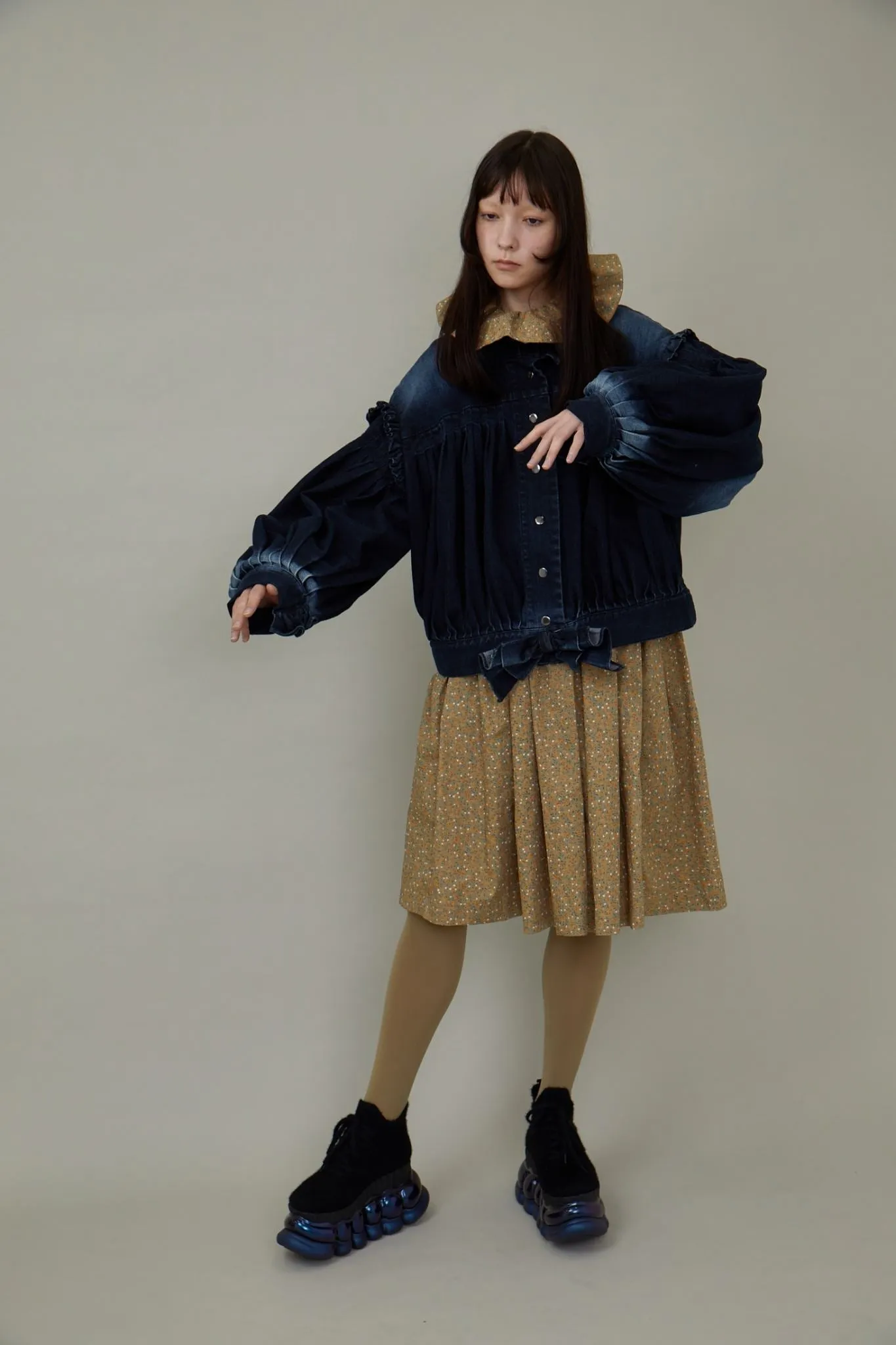 Denim Ruffled Blouson / Black