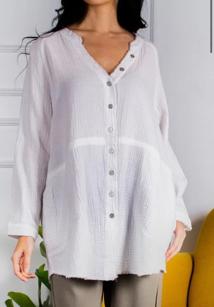 Gauze Button Down Tunic w/Raw Edge- Off White