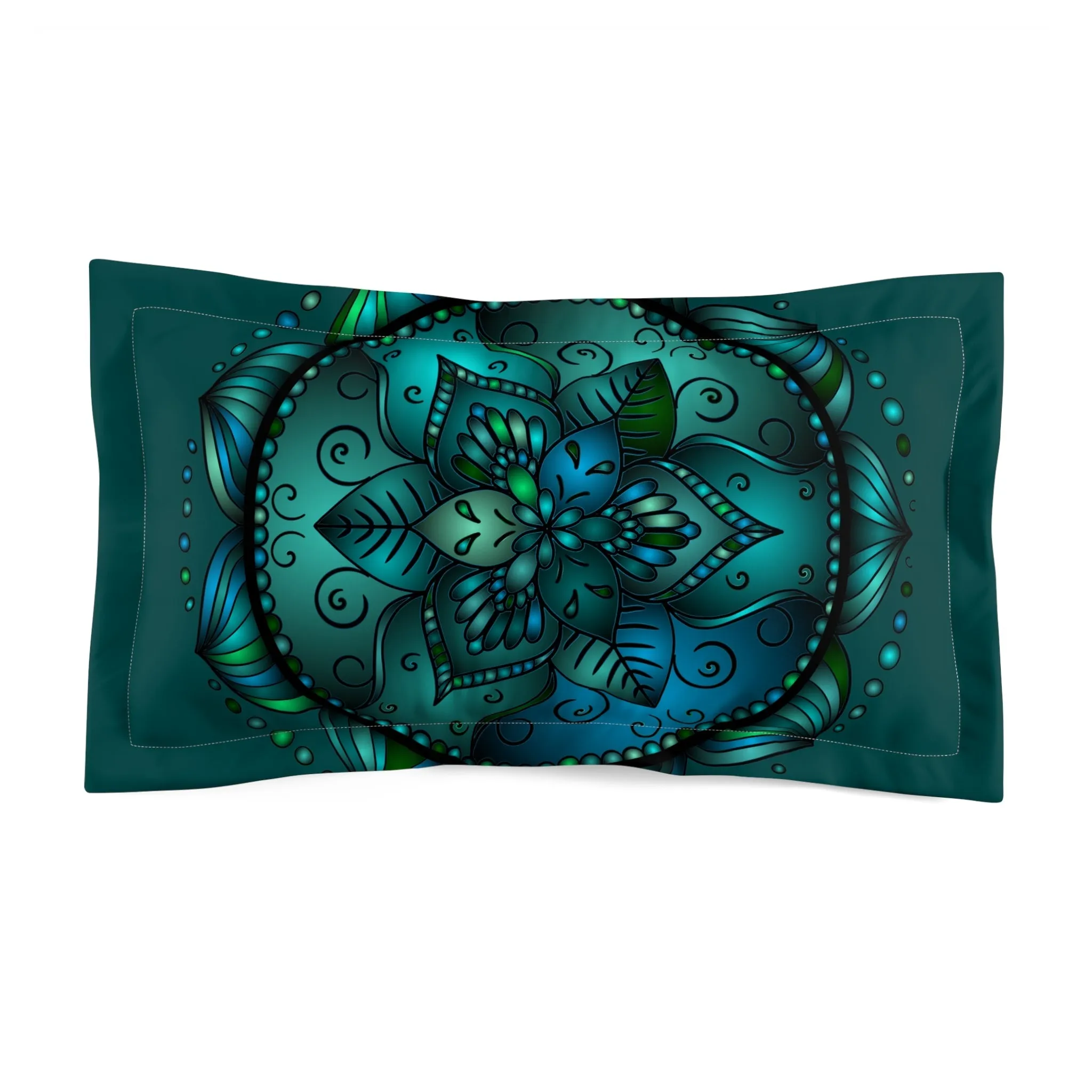 Green Mandala Art Microfiber Pillow Sham - Hand-Drawn Design