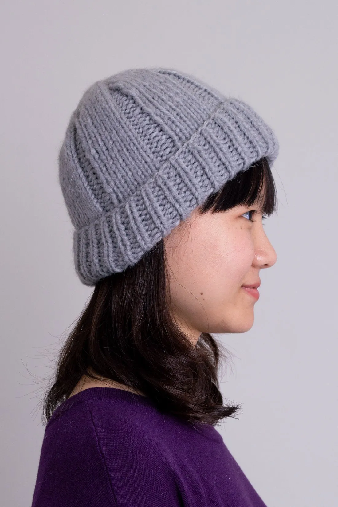 Hand Knit Beanie, Grey, Wool