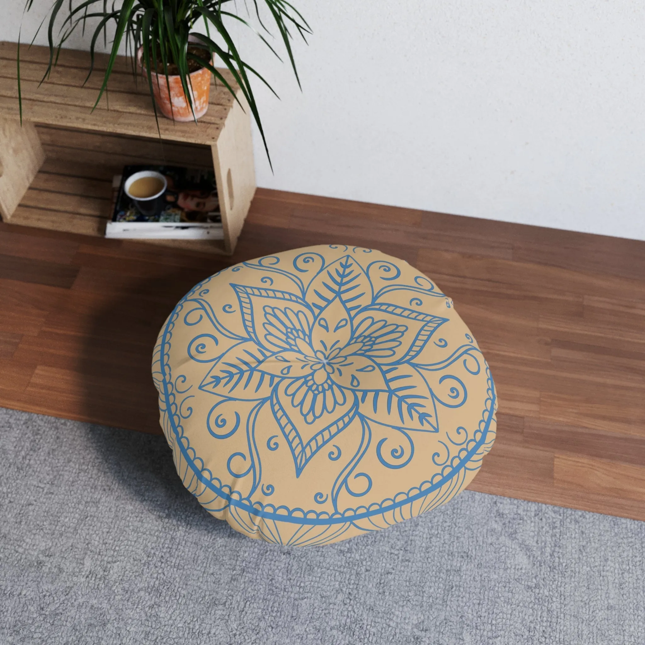 Handmade Mandala Art Floor Cushion - Steel Blue on Tan - Round Pillow