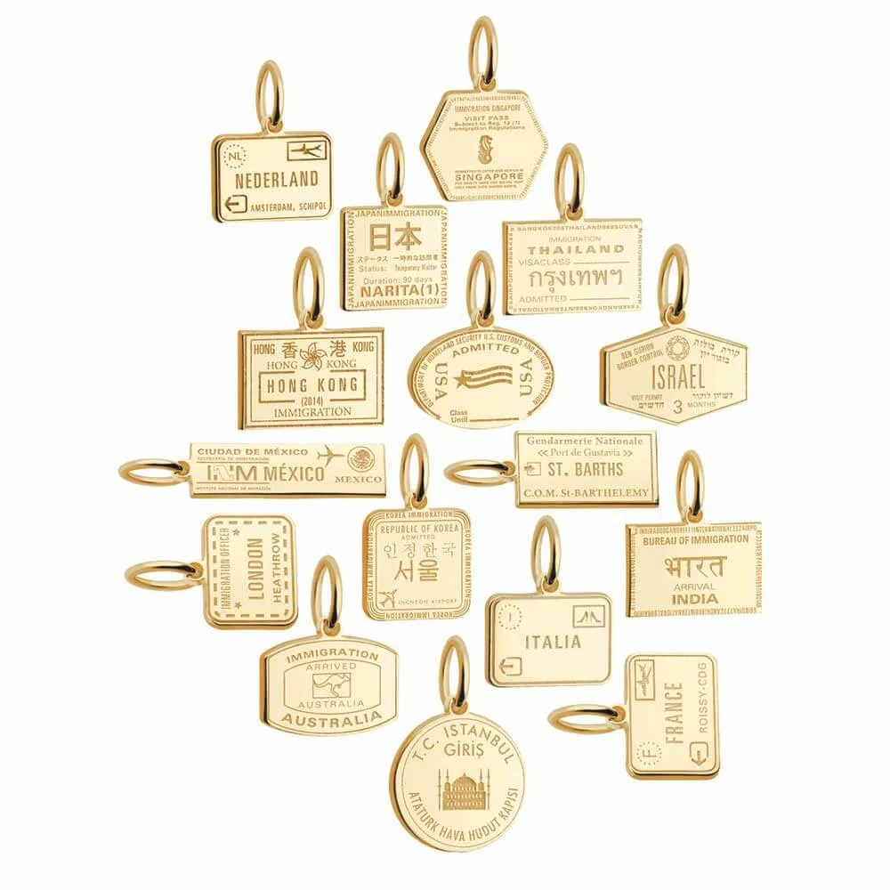 Hong Kong Passport Stamp Charm Solid Gold Mini