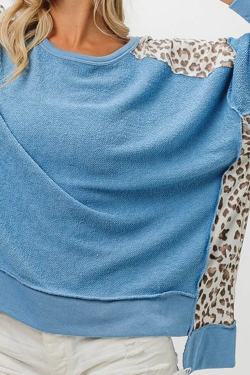 Leopard Print Color Block Sweatshirt- Denim Blue