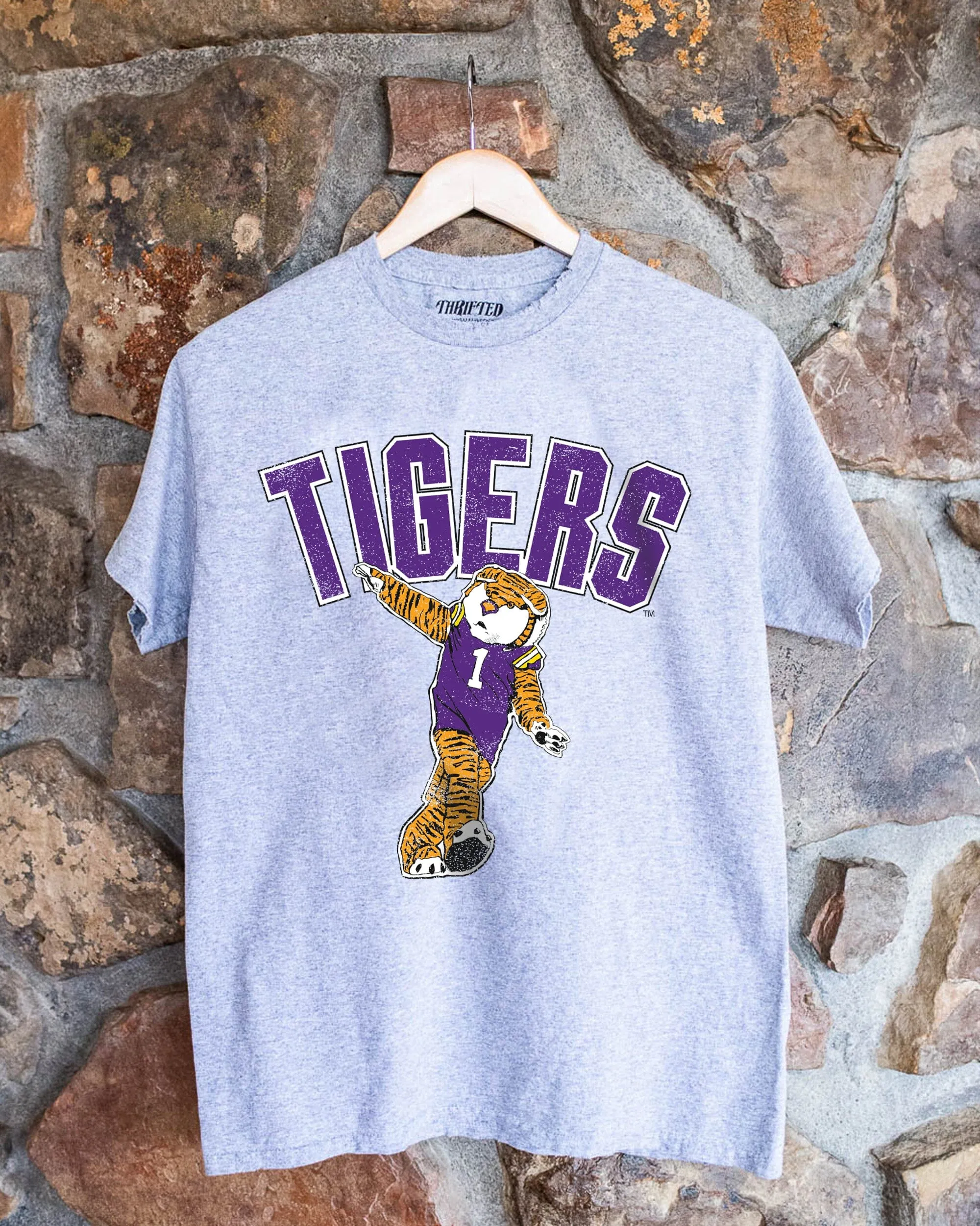 LSU Tigers Cartoon Mascot Puff Ink Gray Thrifted Tee