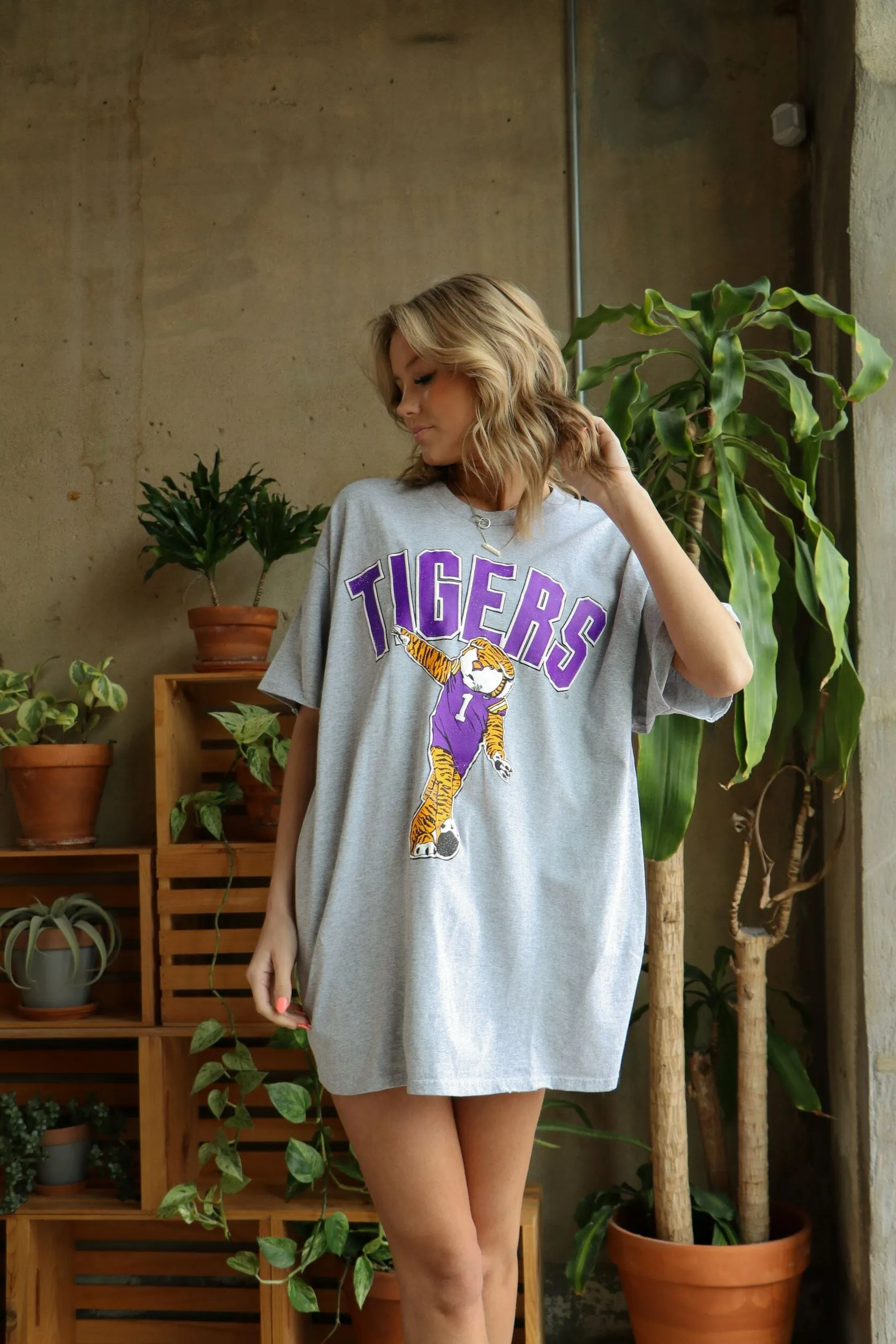 LSU Tigers Cartoon Mascot Puff Ink Gray Thrifted Tee