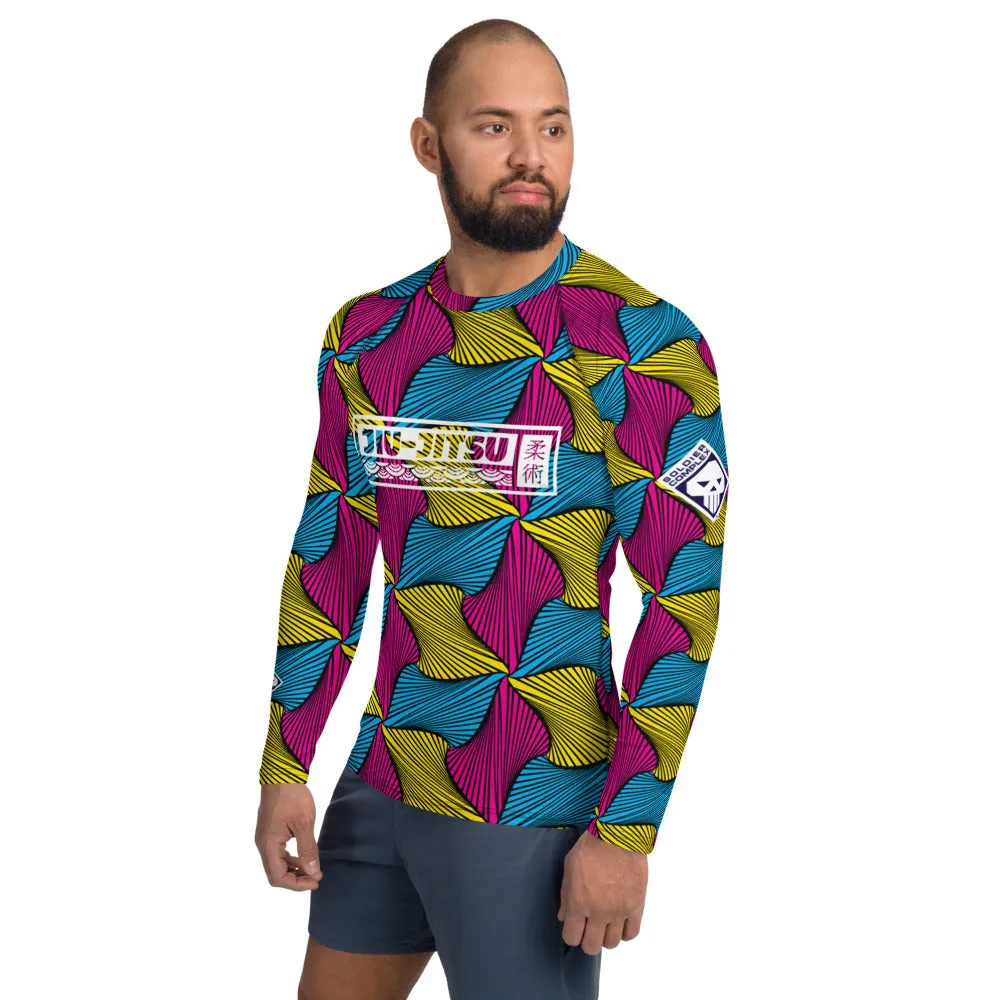 Men's Long Sleeve Ankara Wax Print 001 No Gi BJJ Compression Rash Guard for Jiu Jitsu, MMA, Grappling & Wrestling