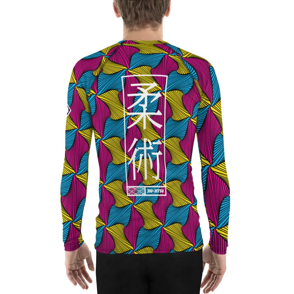 Men's Long Sleeve Ankara Wax Print 001 No Gi BJJ Compression Rash Guard for Jiu Jitsu, MMA, Grappling & Wrestling