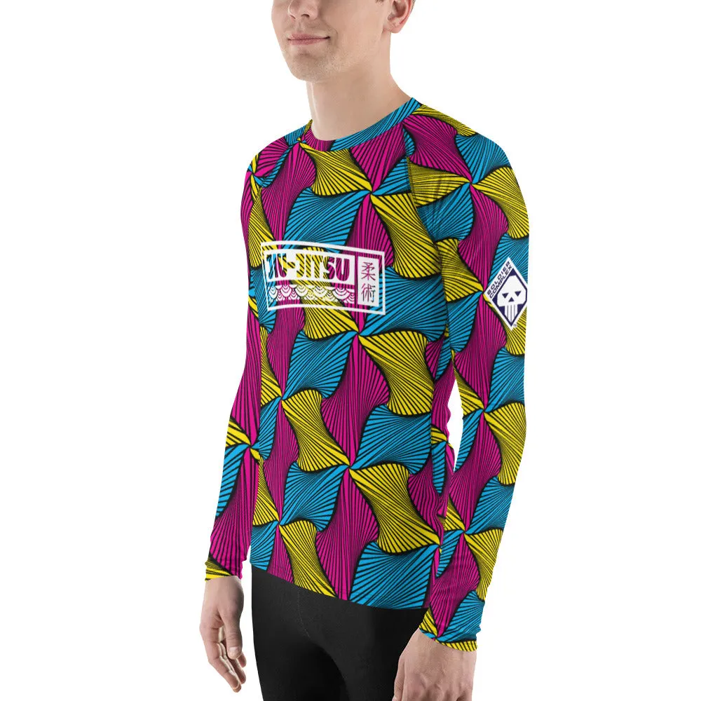 Men's Long Sleeve Ankara Wax Print 001 No Gi BJJ Compression Rash Guard for Jiu Jitsu, MMA, Grappling & Wrestling