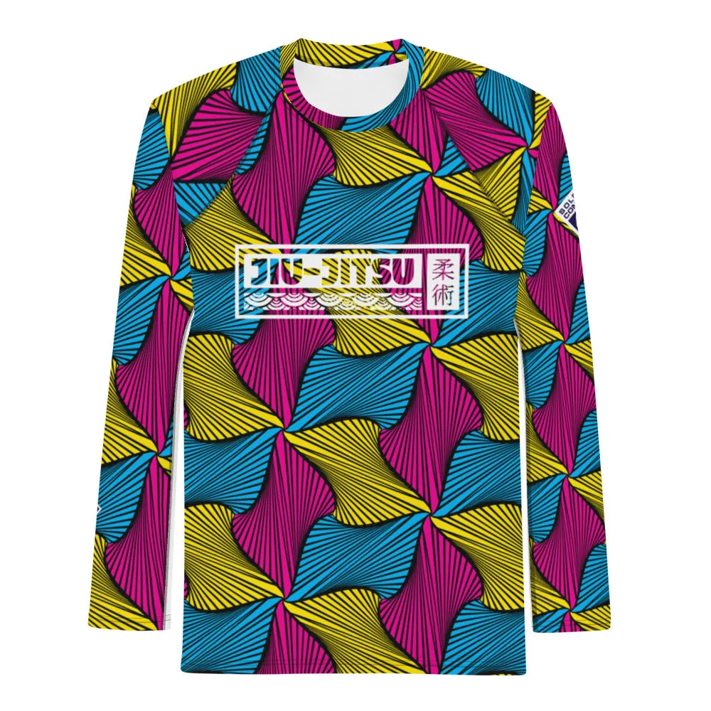 Men's Long Sleeve Ankara Wax Print 001 No Gi BJJ Compression Rash Guard for Jiu Jitsu, MMA, Grappling & Wrestling