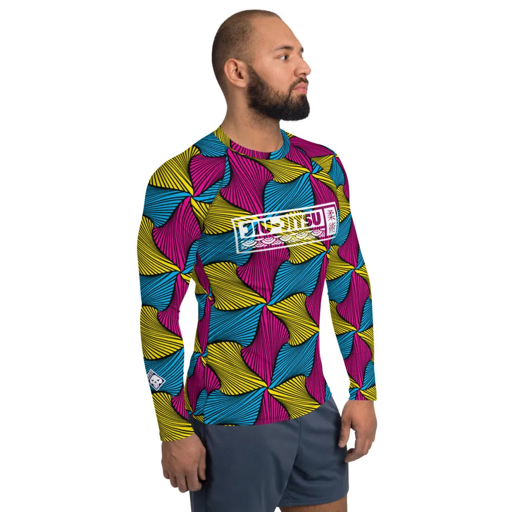 Men's Long Sleeve Ankara Wax Print 001 No Gi BJJ Compression Rash Guard for Jiu Jitsu, MMA, Grappling & Wrestling