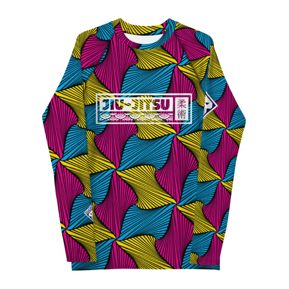 Men's Long Sleeve Ankara Wax Print 001 No Gi BJJ Compression Rash Guard for Jiu Jitsu, MMA, Grappling & Wrestling