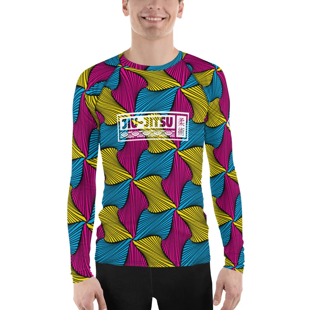 Men's Long Sleeve Ankara Wax Print 001 No Gi BJJ Compression Rash Guard for Jiu Jitsu, MMA, Grappling & Wrestling