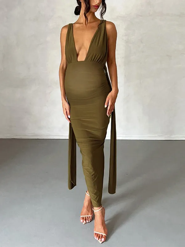 Momnfancy Backless Back Slit Ruched Tie Deep V-neck Fashion Bodycon Baby Shower Photoshoot Maternity Maxi Dress