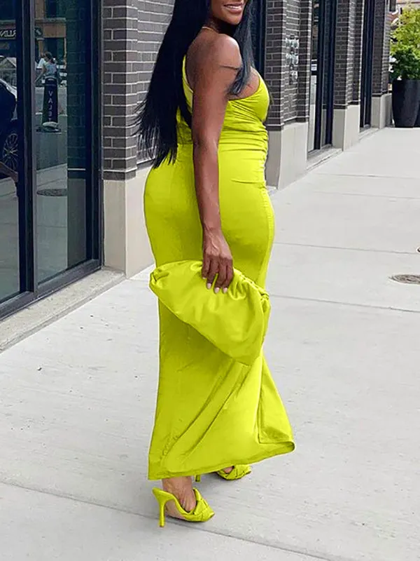 Momnfancy Neon Knot Sleeveless Hollow Out Slit Pleated Patchwork Bodycon Maternity Maxi Dress