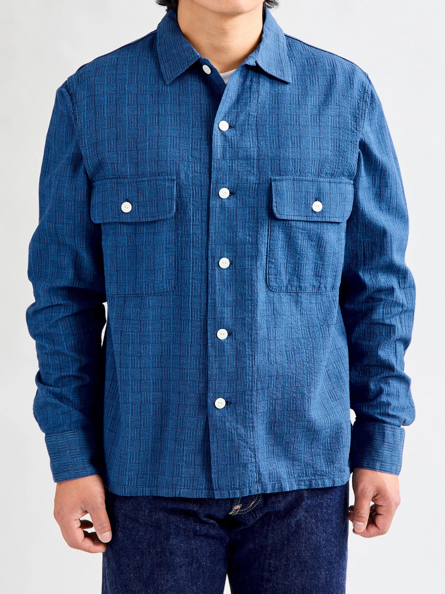 Indigo Shijira Basketweave Long Sleeve Shirt - Awa-Ai Collection