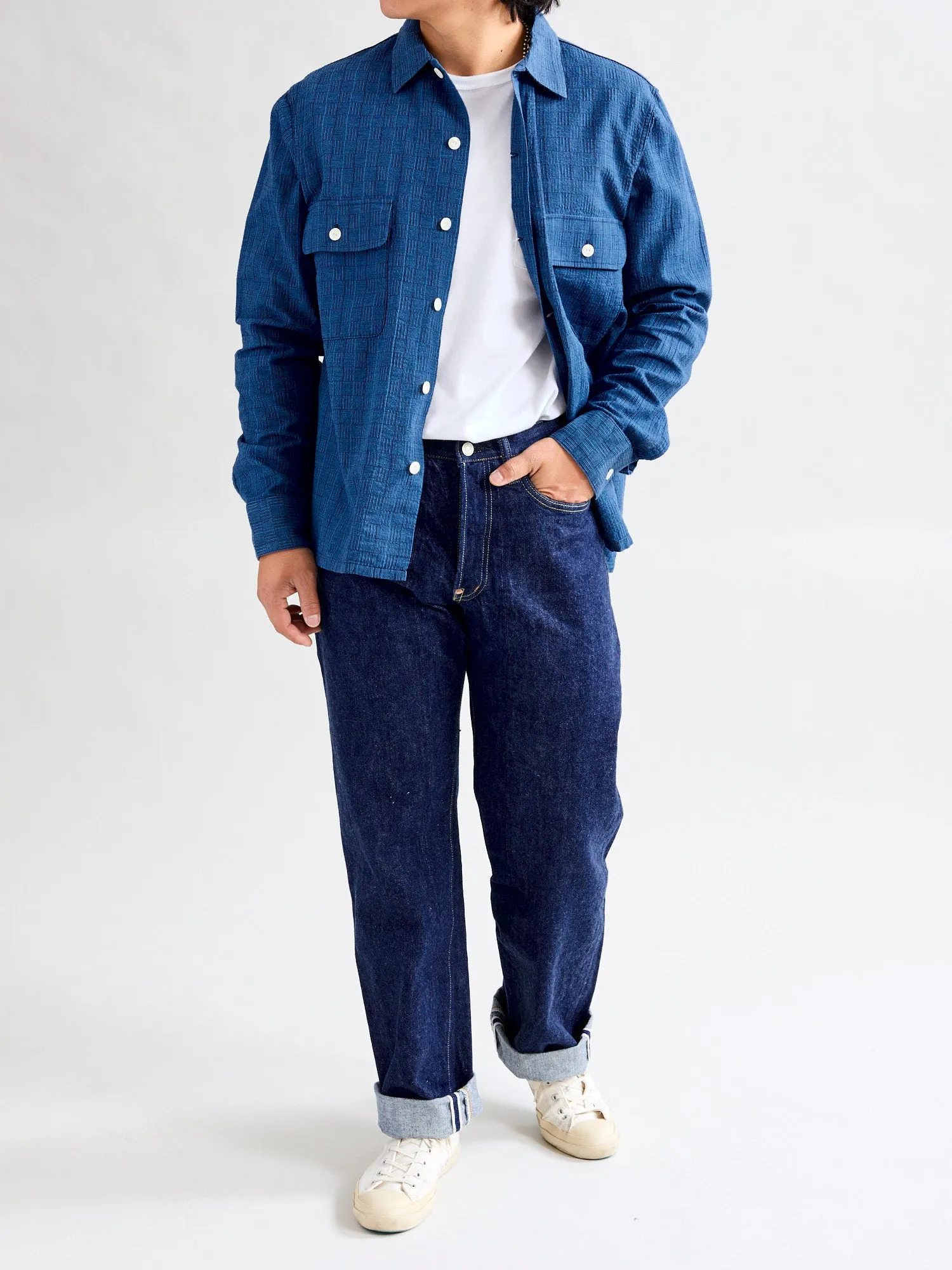 Indigo Shijira Basketweave Long Sleeve Shirt - Awa-Ai Collection