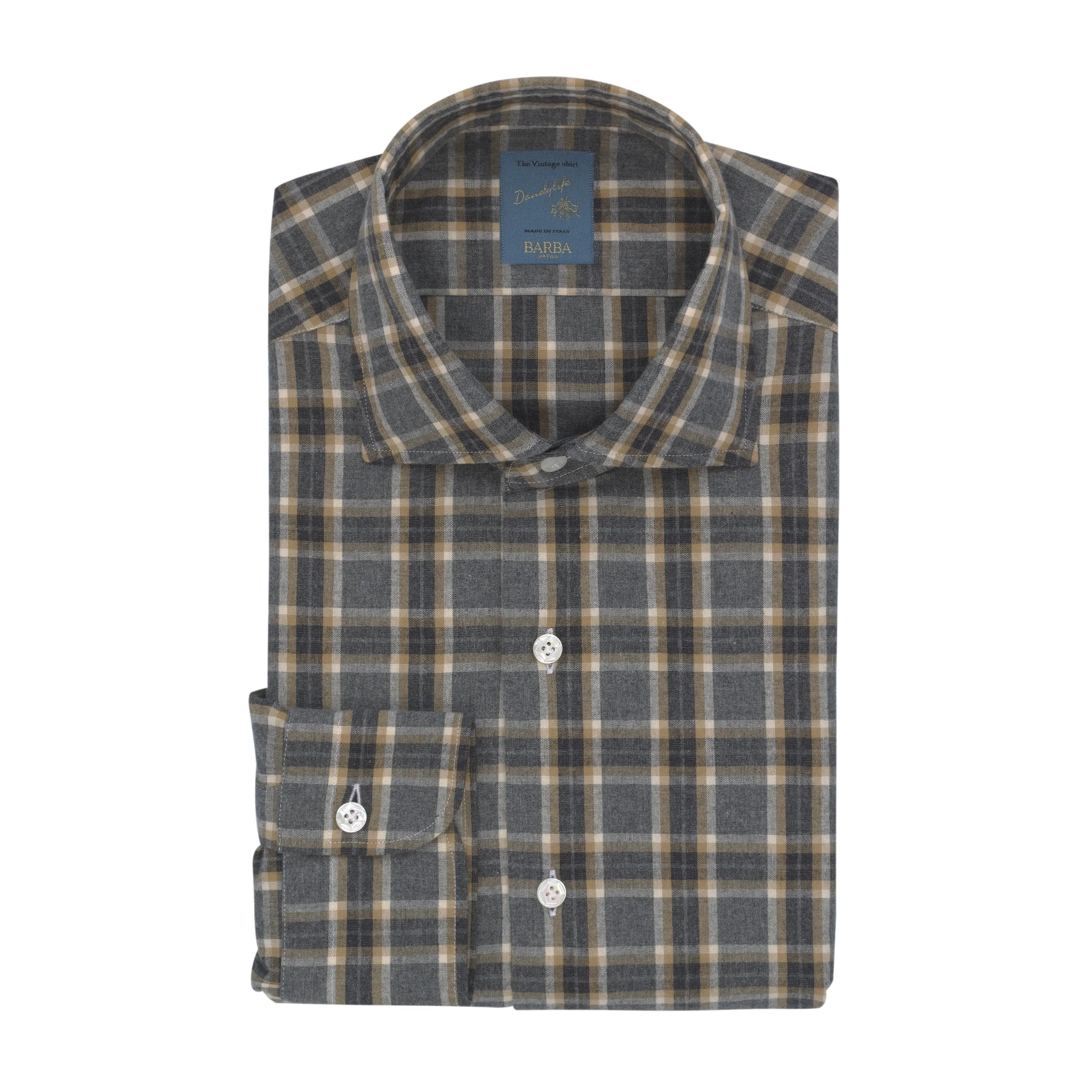 "Dandy Life" Plaid Cotton Shirt in Grey and Caramel