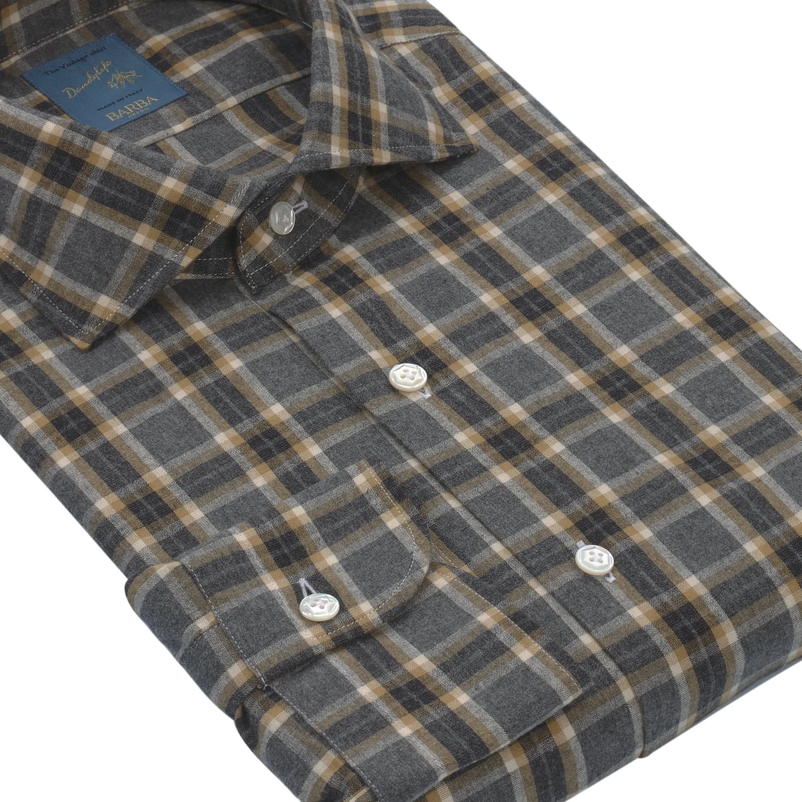 "Dandy Life" Plaid Cotton Shirt in Grey and Caramel