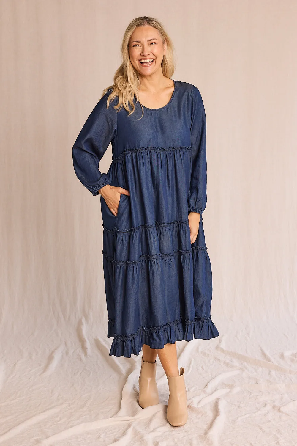 Sabre Frill Maxi Tencel Dress in Mid Wash