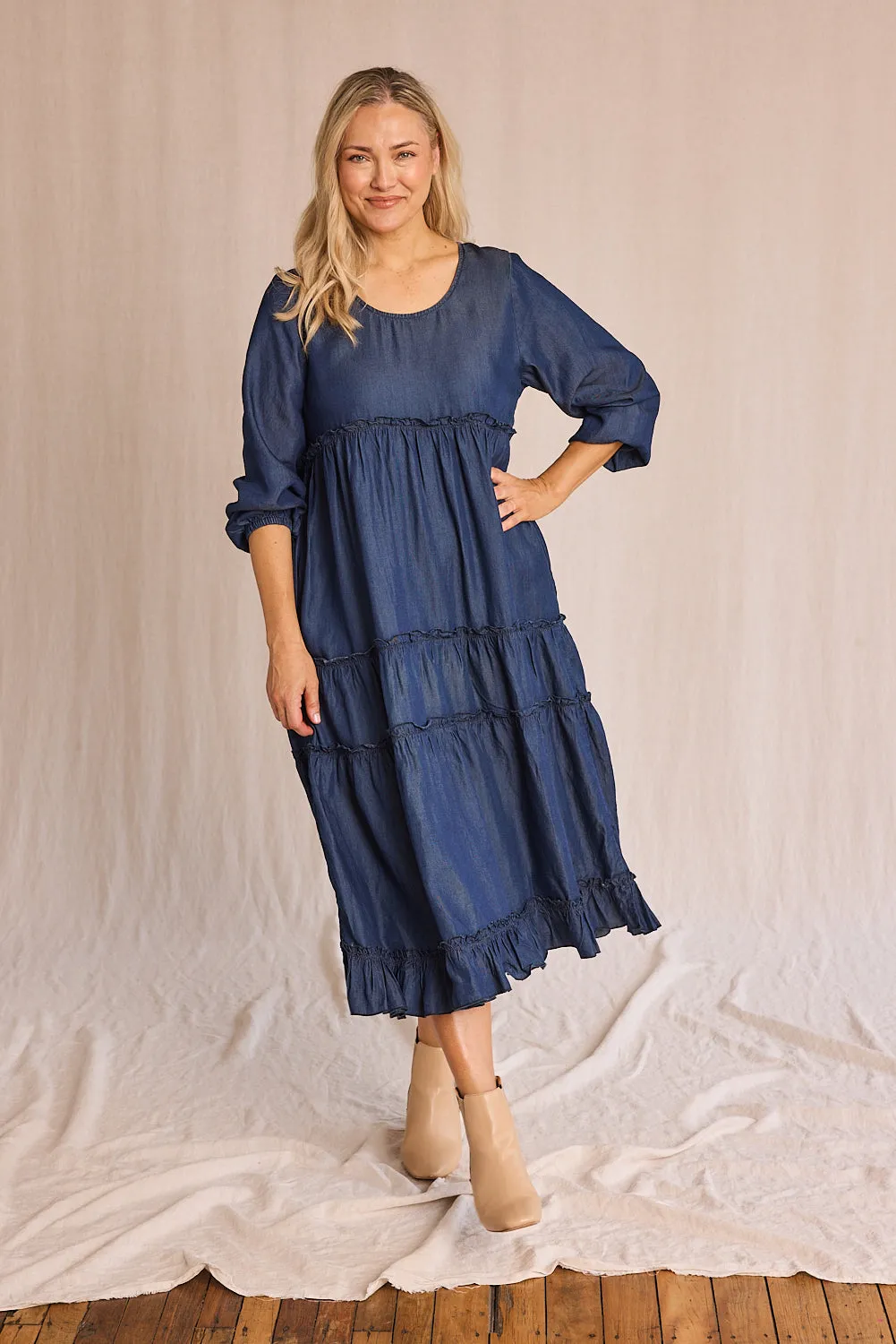 Sabre Frill Maxi Tencel Dress in Mid Wash