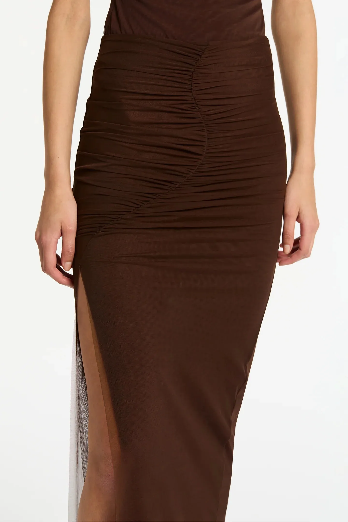 SIR. Jacques Mesh Gathered Midi Skirt - Chocolate